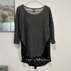 Torrid Charcoal Gray Terry Crew Neck Sweater with Black Lace Back Detail